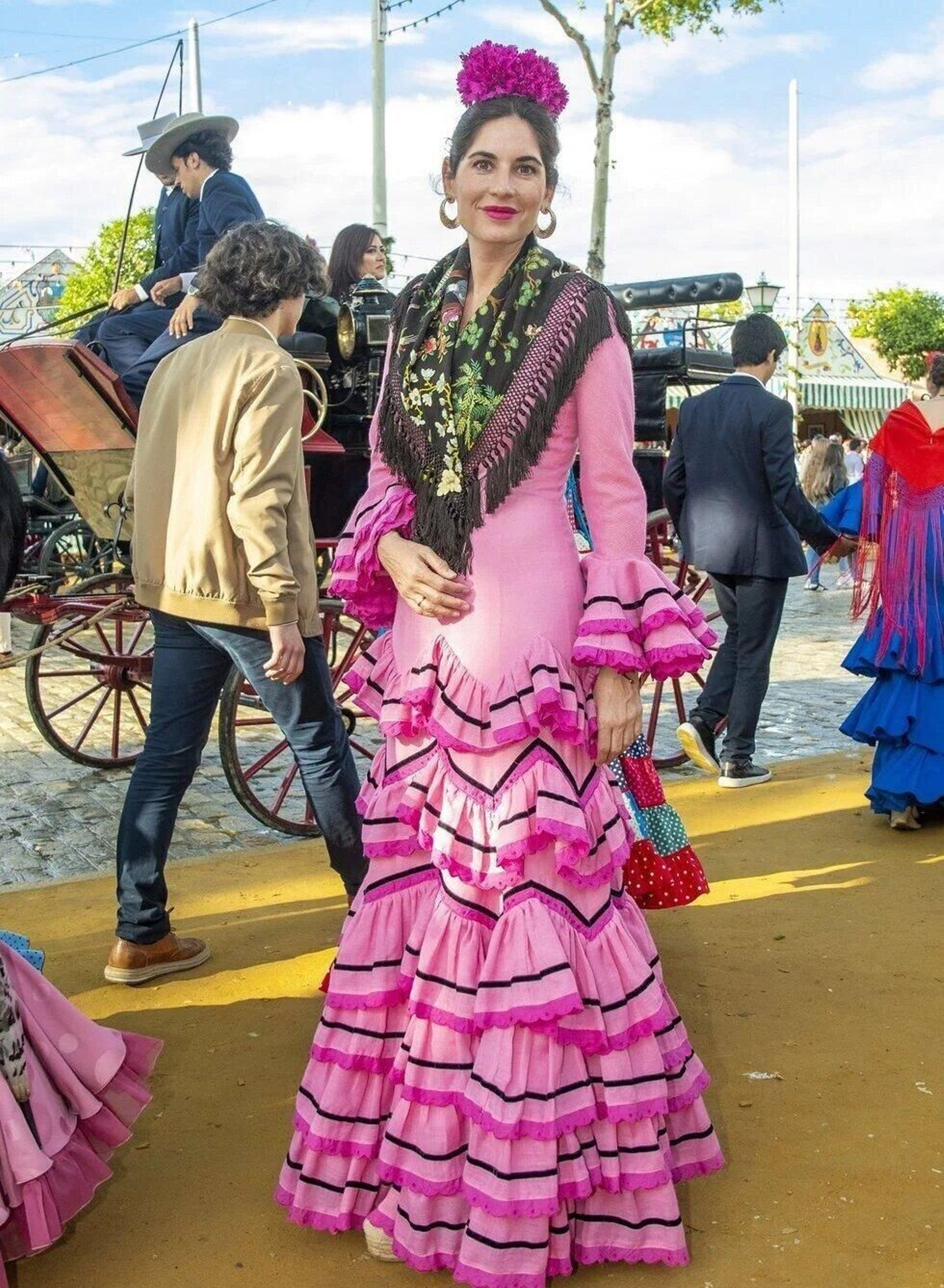 Lourdes Montes con un traje de flamenca de su firma MiAbril.