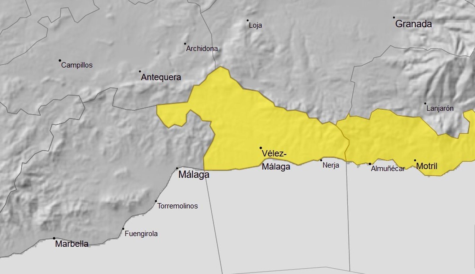El mapa con el aviso amarillo por viento en la Axarquía.