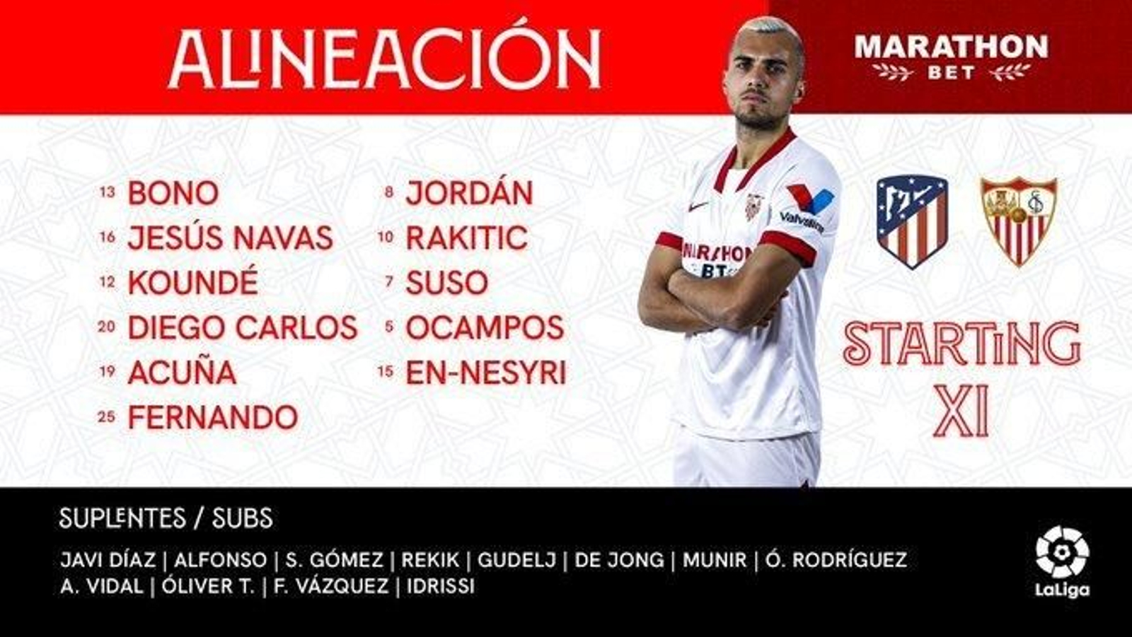 Carátula con el once titular del Sevilla para jugar ante el Atlético de Madrid.