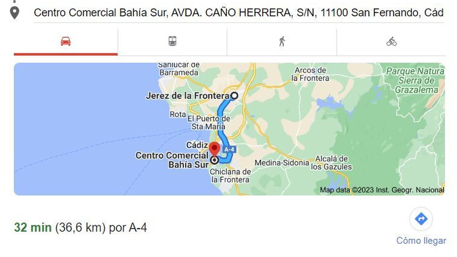 Distancia Jerez- Bahía Sur.