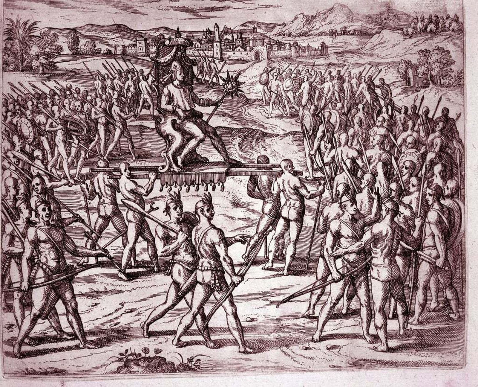 El rey Atahualpa marcha al encuentro de Pizarro. Grabado de Theodor de Bry. Siglo XVI