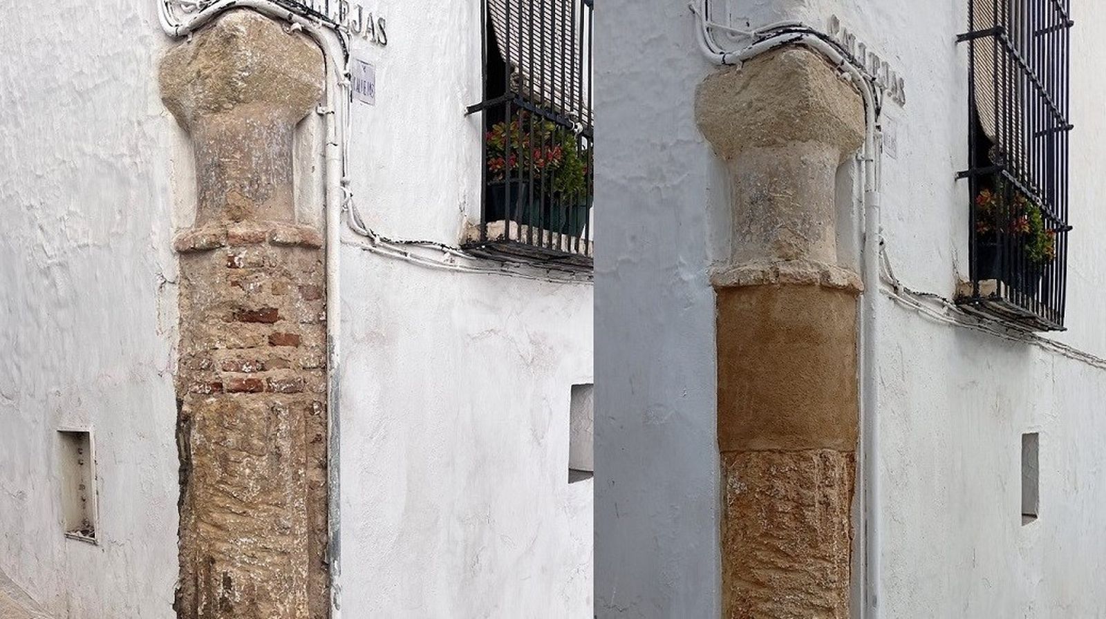 Antes y después de la restauración de uno de los guardacantones.