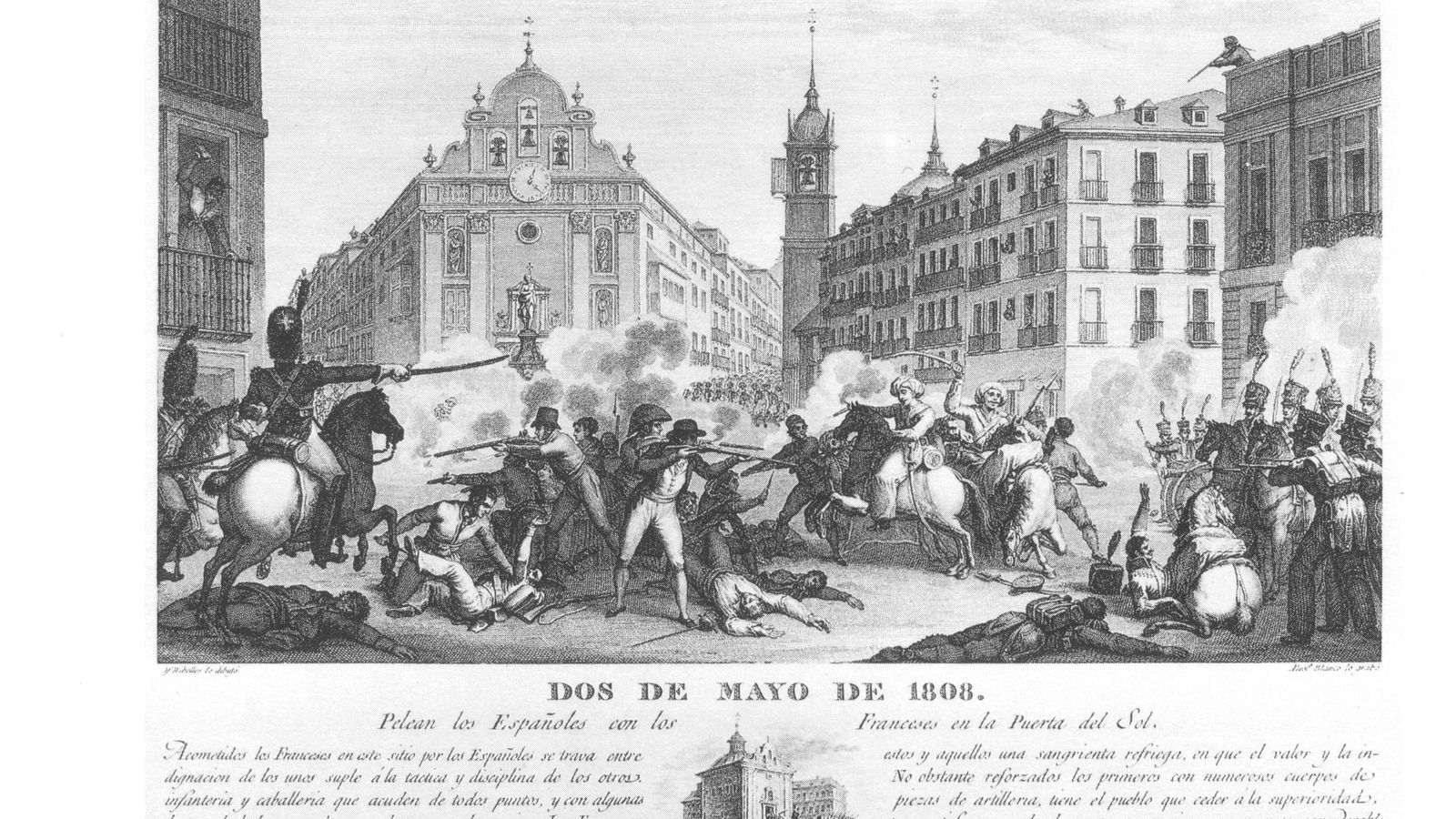 Grabado de Blanco sobre dibujos de Ribelles que ilustra la lucha entre españoles y franceses en la Puerta del Sol.