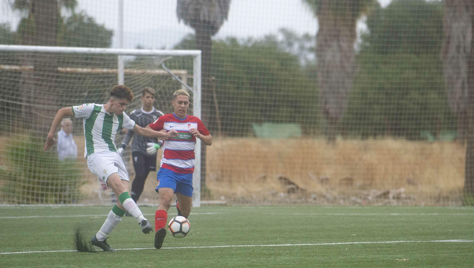 Un jugador del Córdoba despeja el balón ante la presión de un jugador del Granada.