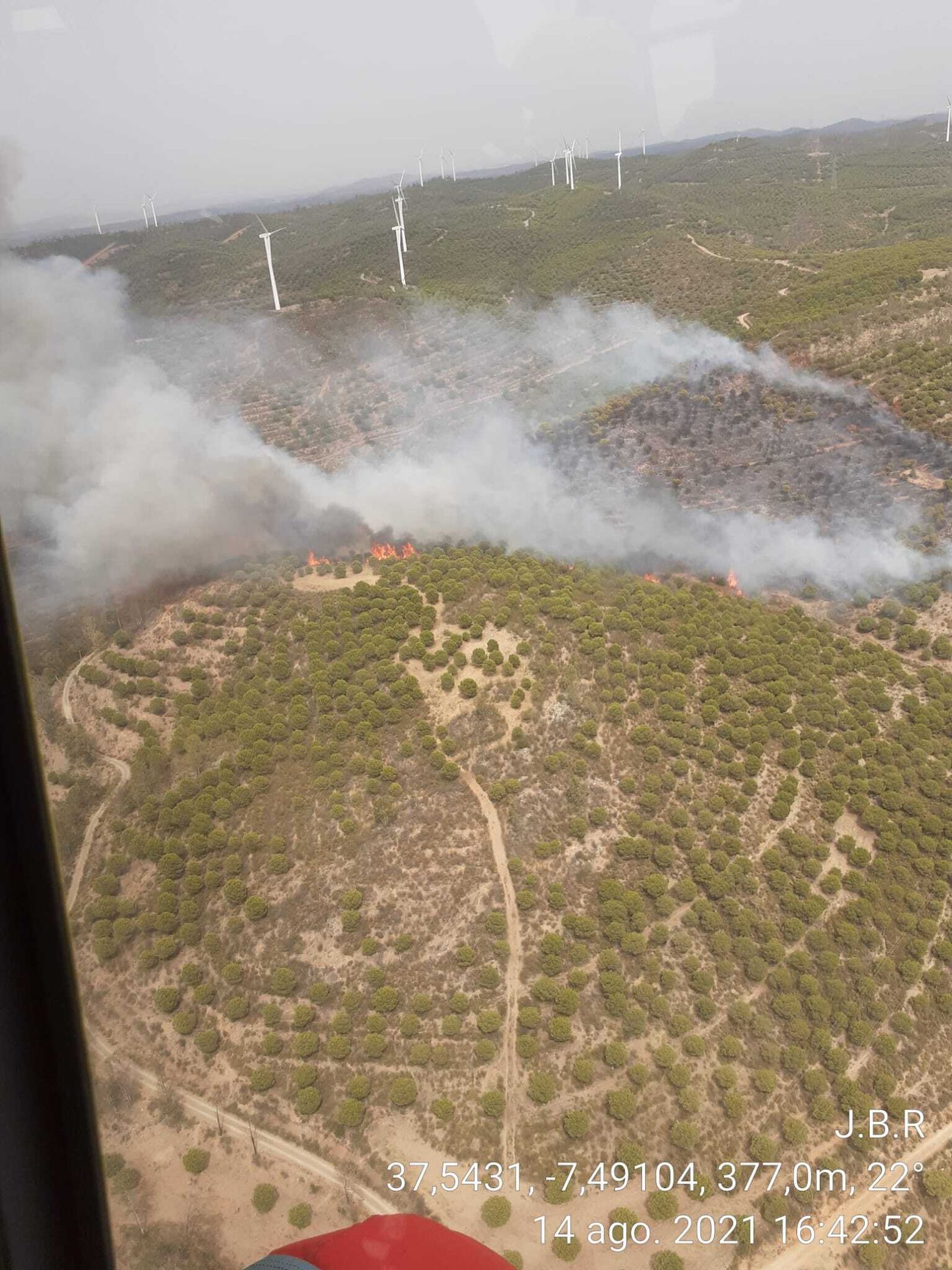 Siete medios aéreos luchan contra el fuego en un incendio forestal en El Granado