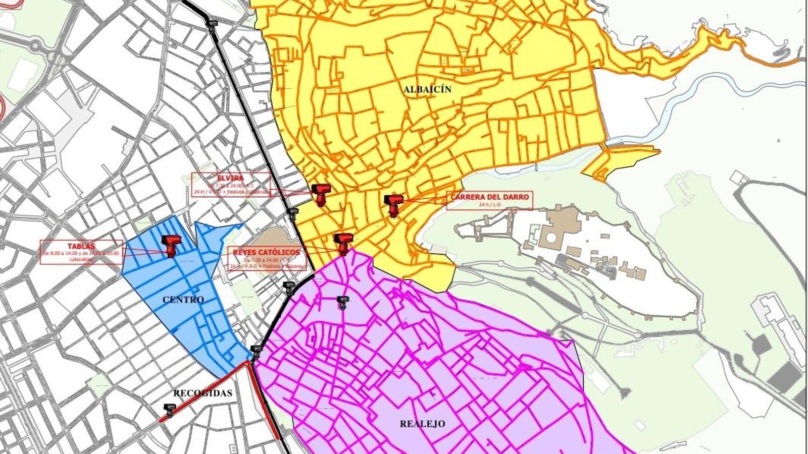 Mapa de control de accesos a zonas restringidas en Granada