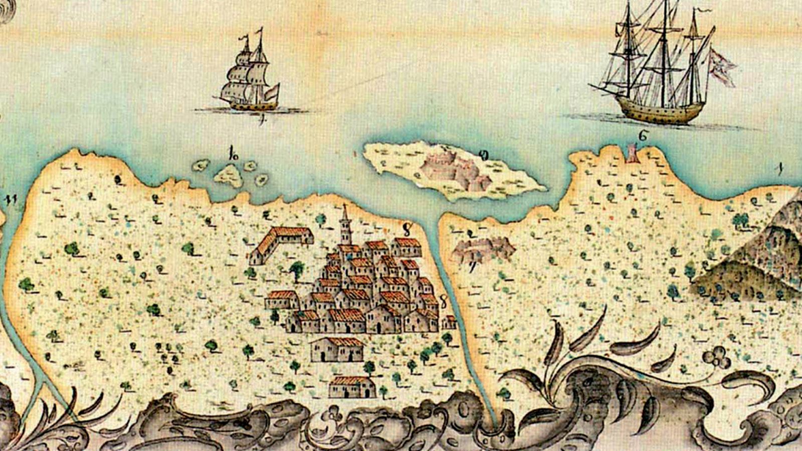 Parte de un grabado de Gibraltar y la Bahía. En primer término, la ciudad de Algeciras y la Isla Verde. (Archivo General de Simancas, Leg. 3.730. Año 1799).