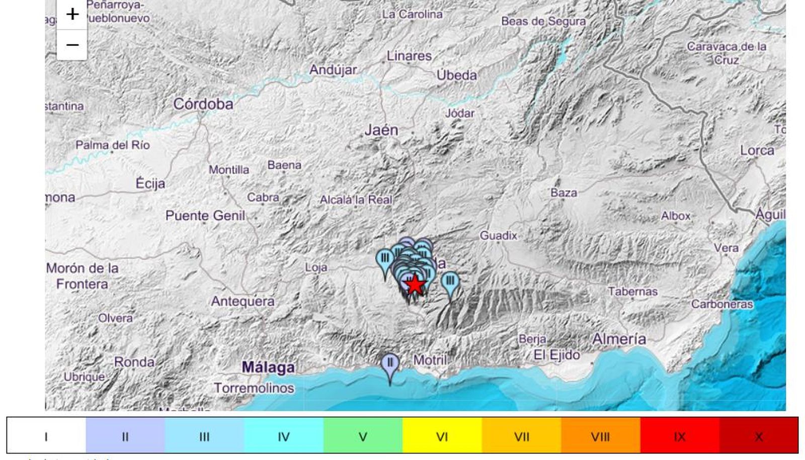 Mapa de intensidades del terremoto de anoche en Granada.