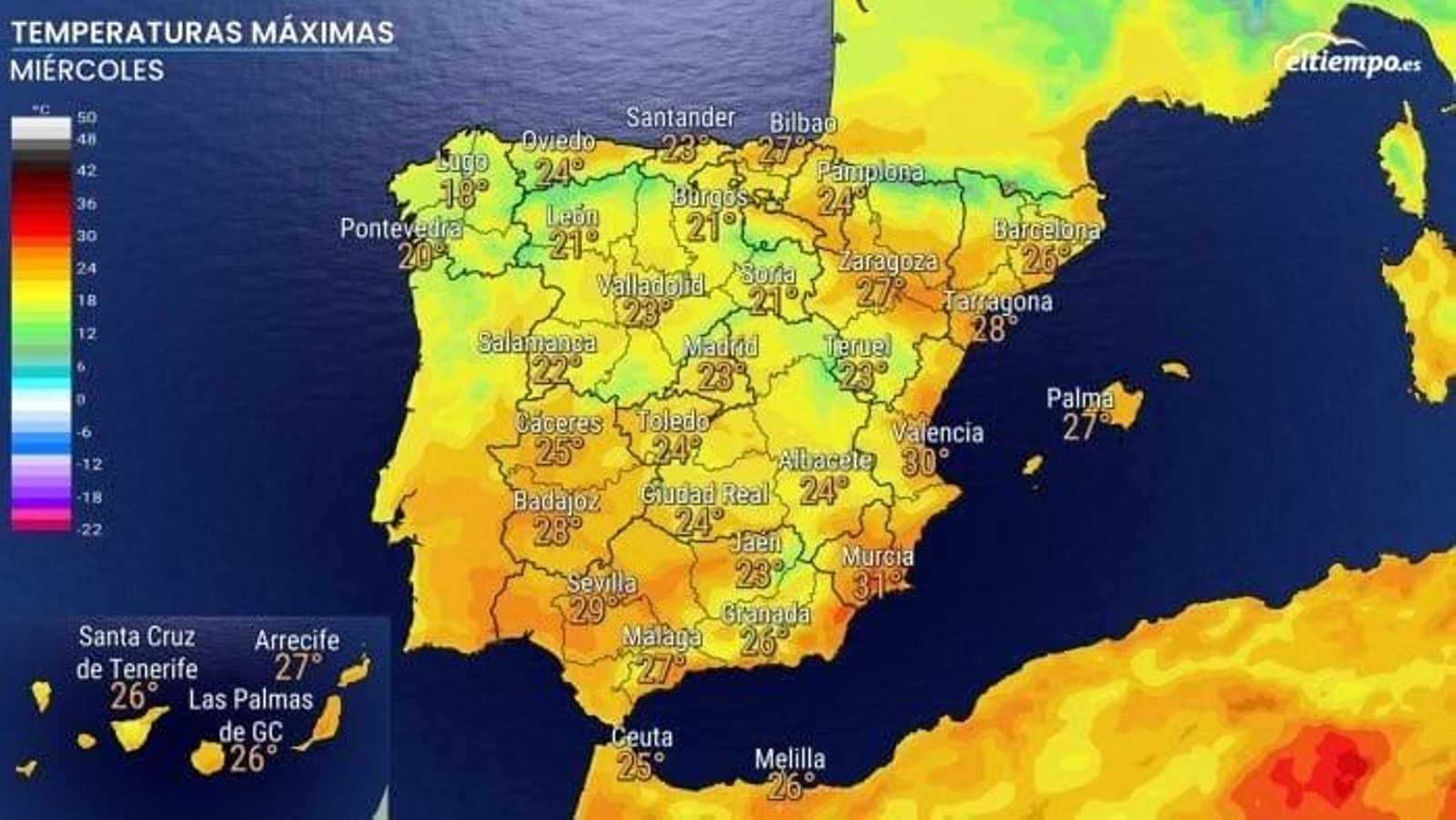 Temperaturas máximas previstas para el miércoles, 21 de octubre.