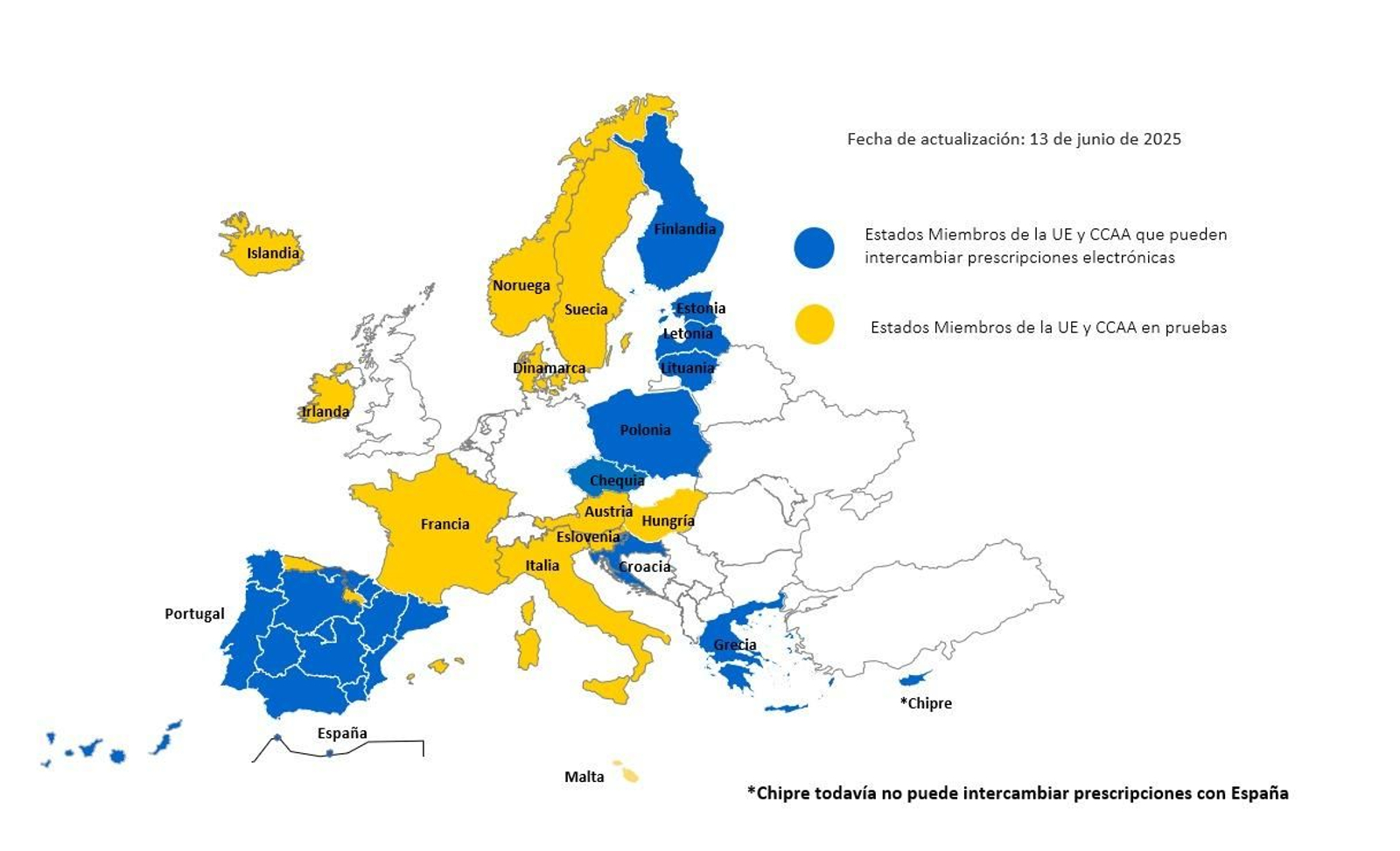 Mapa de los países en los que los españoles pueden retirar medicación con la receta electrónica.