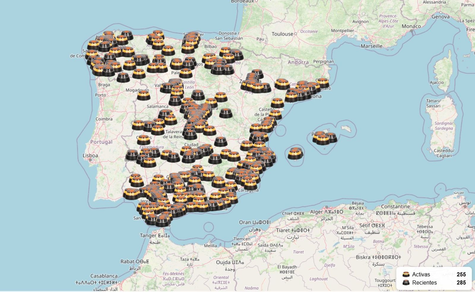 Mapa de balizas V-16 activas en España