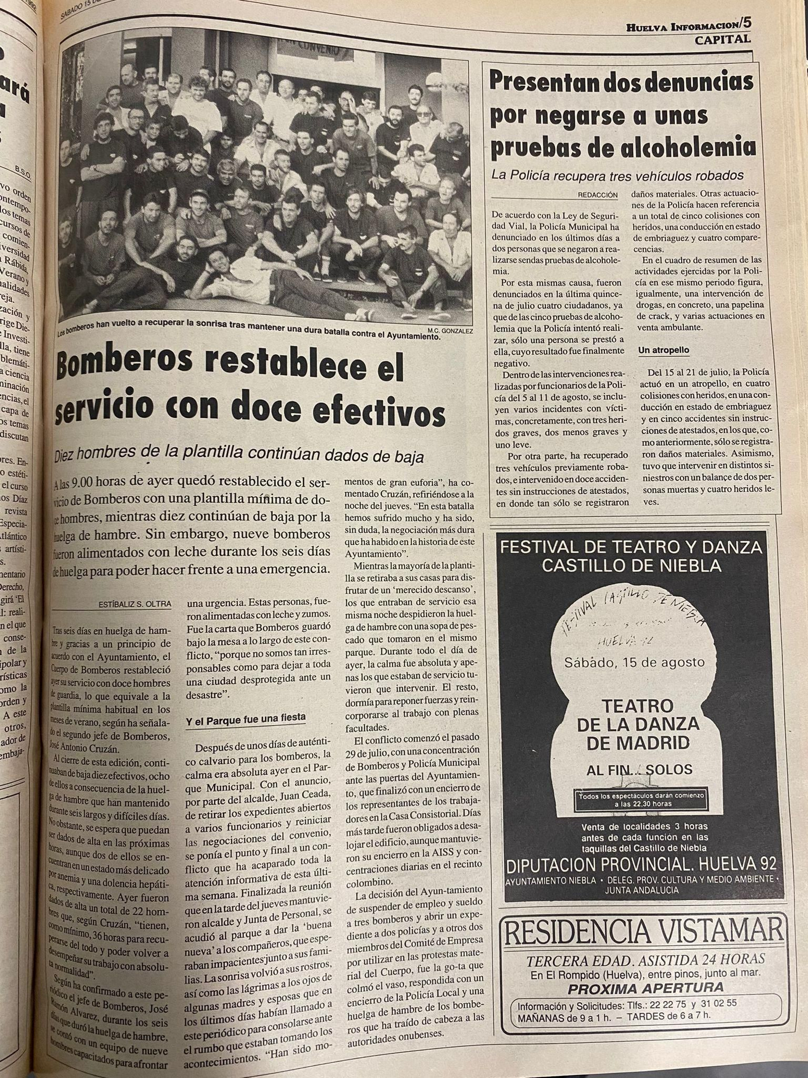 Noticia sobre la reincorporación de los Bomberos en 1992