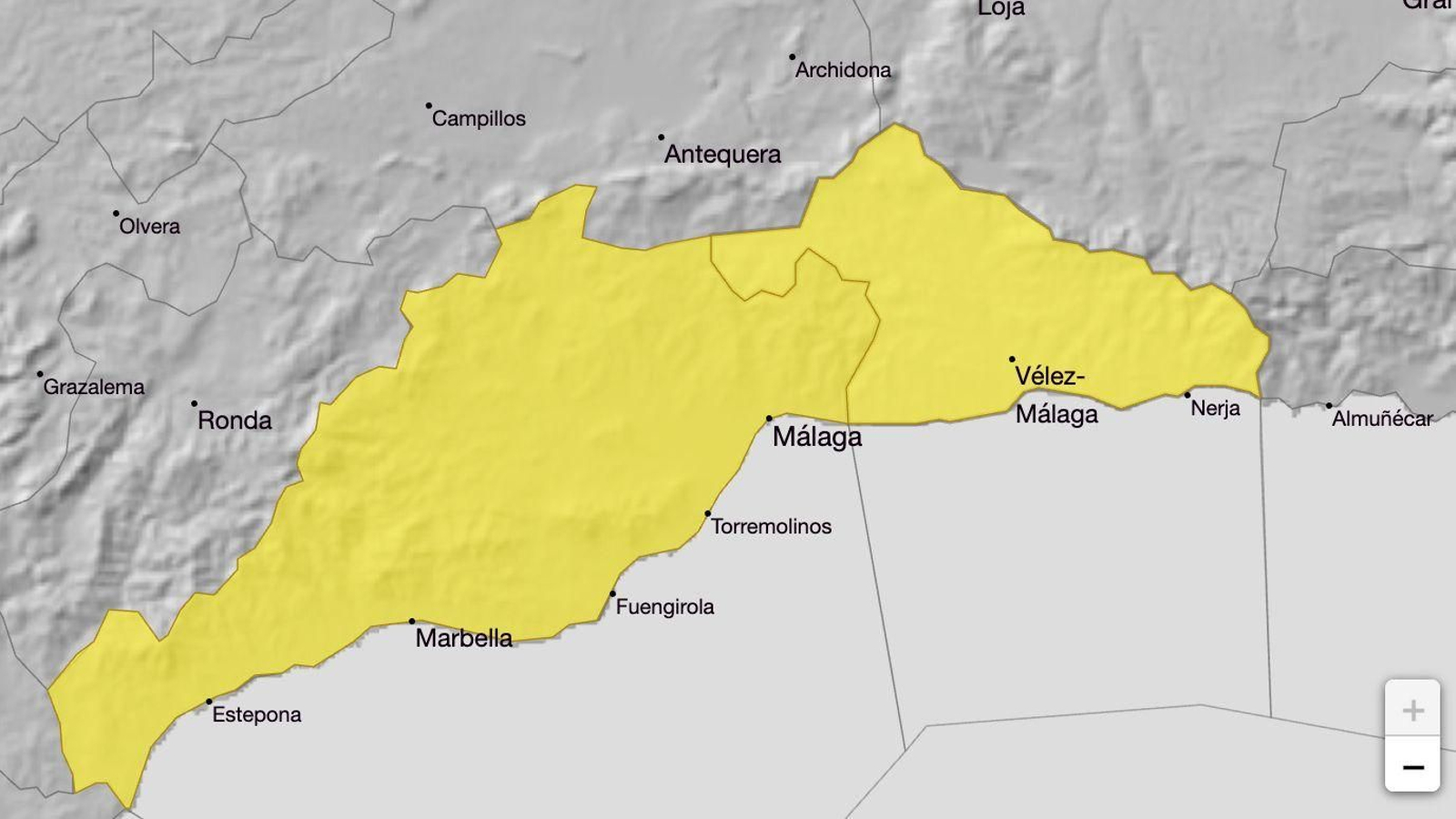 Mapa con la alerta amarilla en la provincia de Málaga