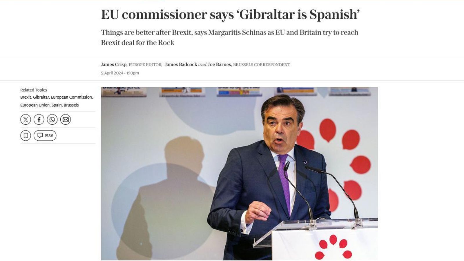Artículo en 'The Telegraph': EU commissioner says ‘Gibraltar is Spanish’