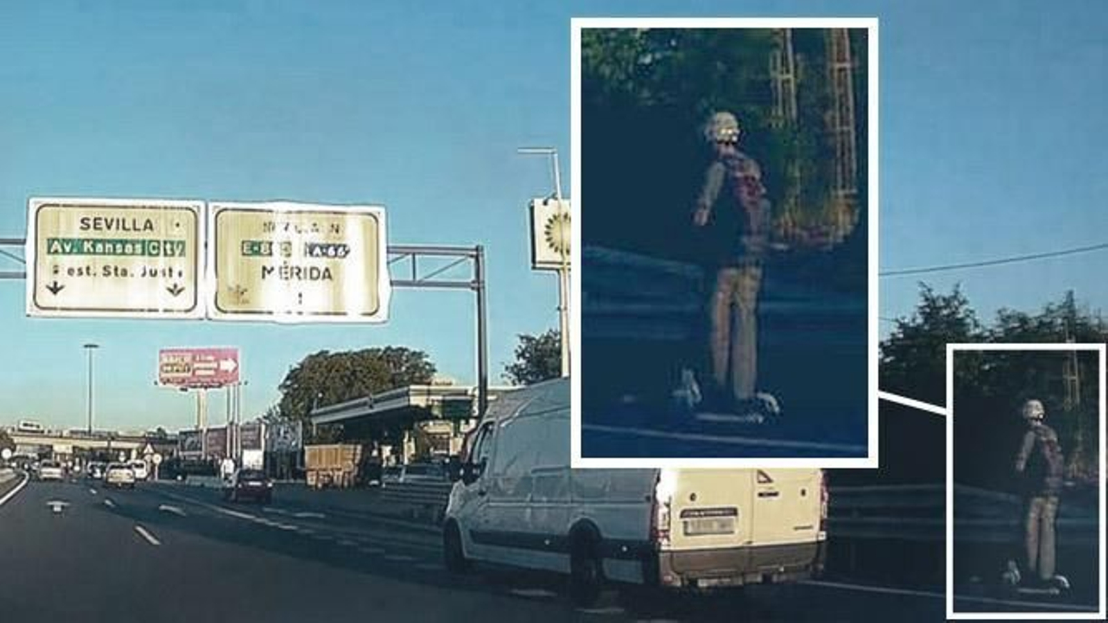 Un joven circulando con su patinete por el arcén de la A-4 de Sevilla.