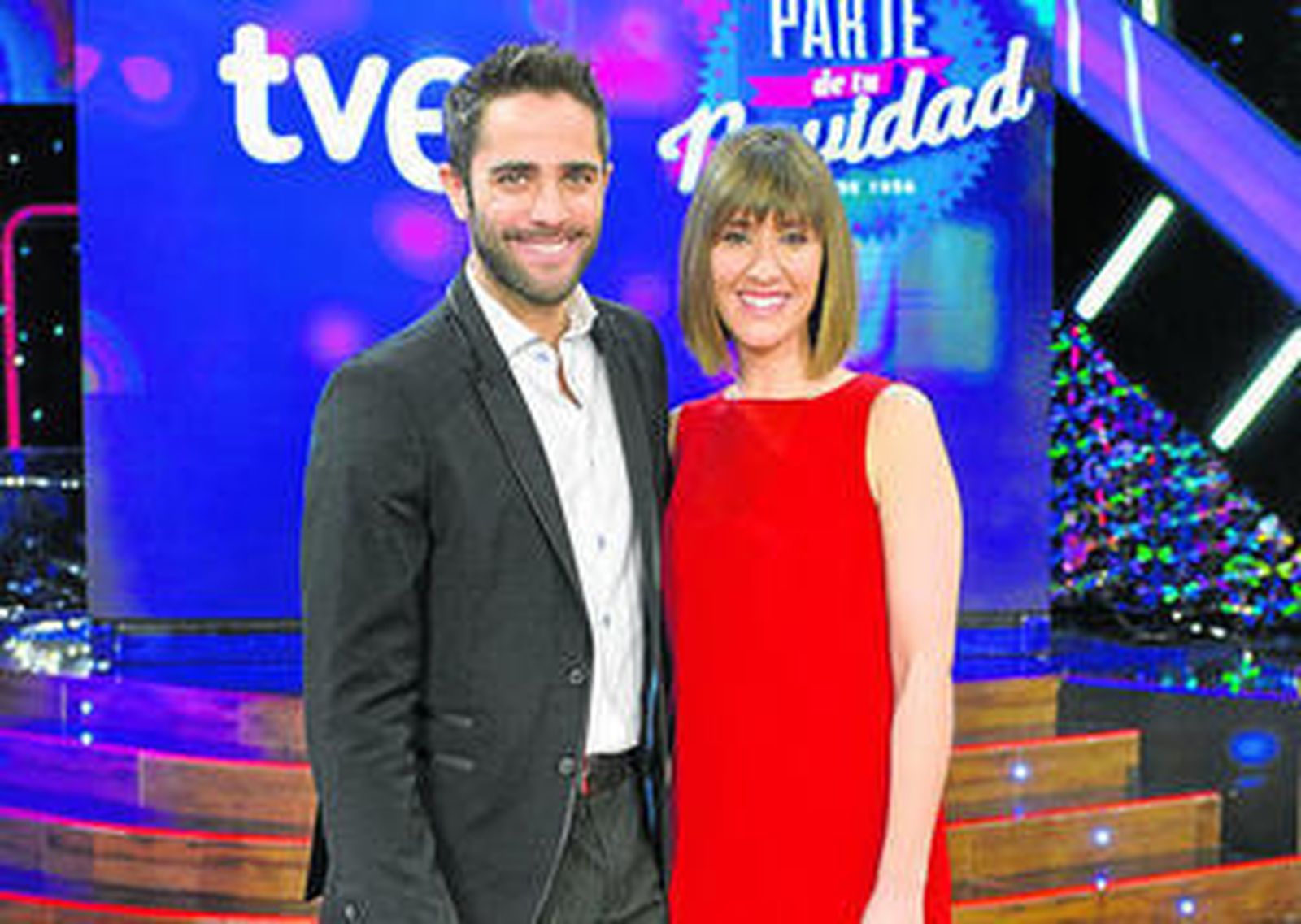 El presentador, con su compañera en 'España Directo' y en la retransmisión del Sorteo, Sandra Daviú.