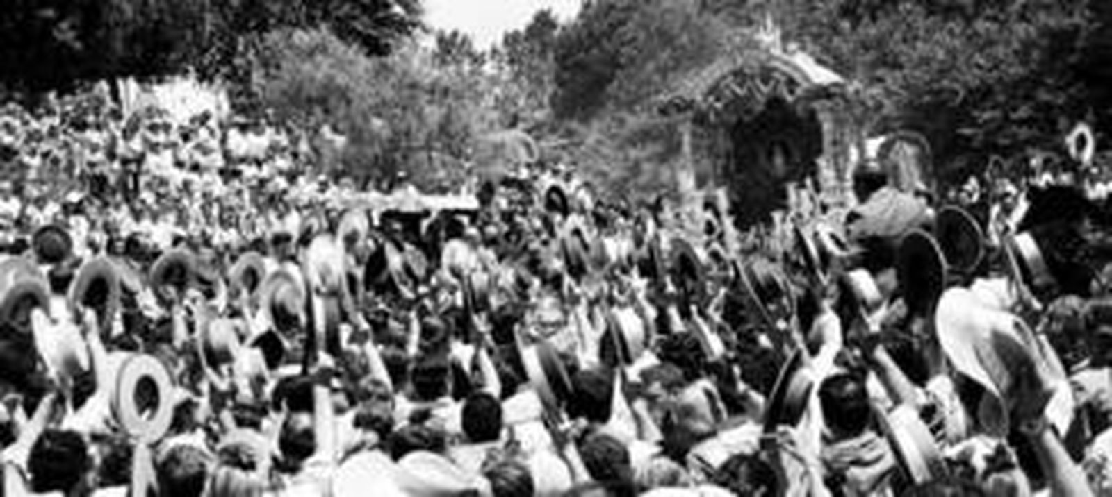 Los peregrinos de Sevilla alzan sus sombreros ante el Simpecado que cruza el Guadiamar por el vado del Quema.