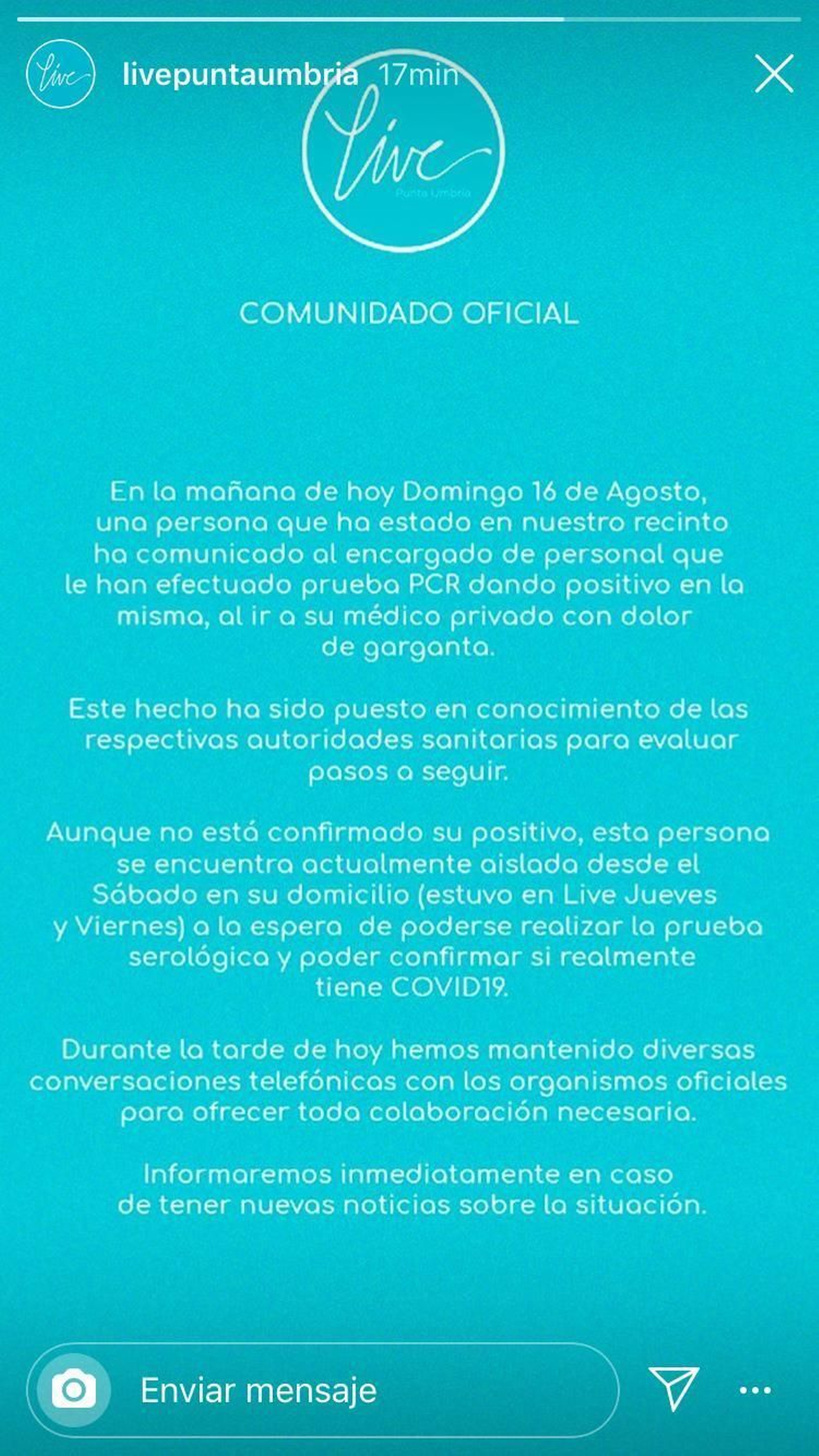 Comunicado de Live Punta Umbría en su perfil oficial de Instagram.