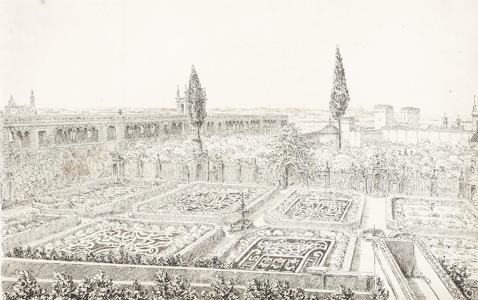 John Gardner Wilkinson, Jardines del Alcázar, Sevilla, 1838, tinta sobre papel, 175 x 268 mm. Oxford, Biblioteca Bodleian © The National Trust.