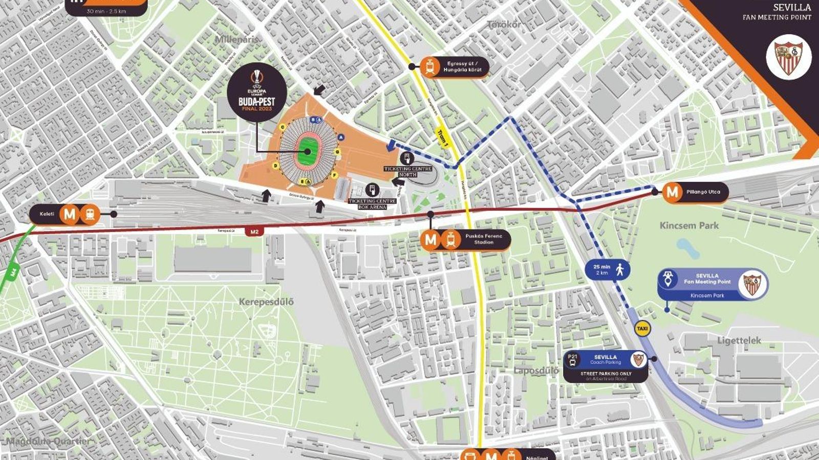 Plano de Budapest con las indicaciones del transporte público al estadio.