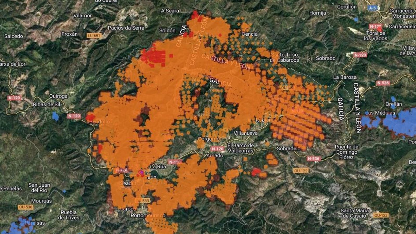 Tramo afectado por los fuegos en el Camino de Invierno entre Las Médulas y Quiroga Tramo afectado por los fuegos en el Camino de Invierno entre Las Médulas y Quiroga