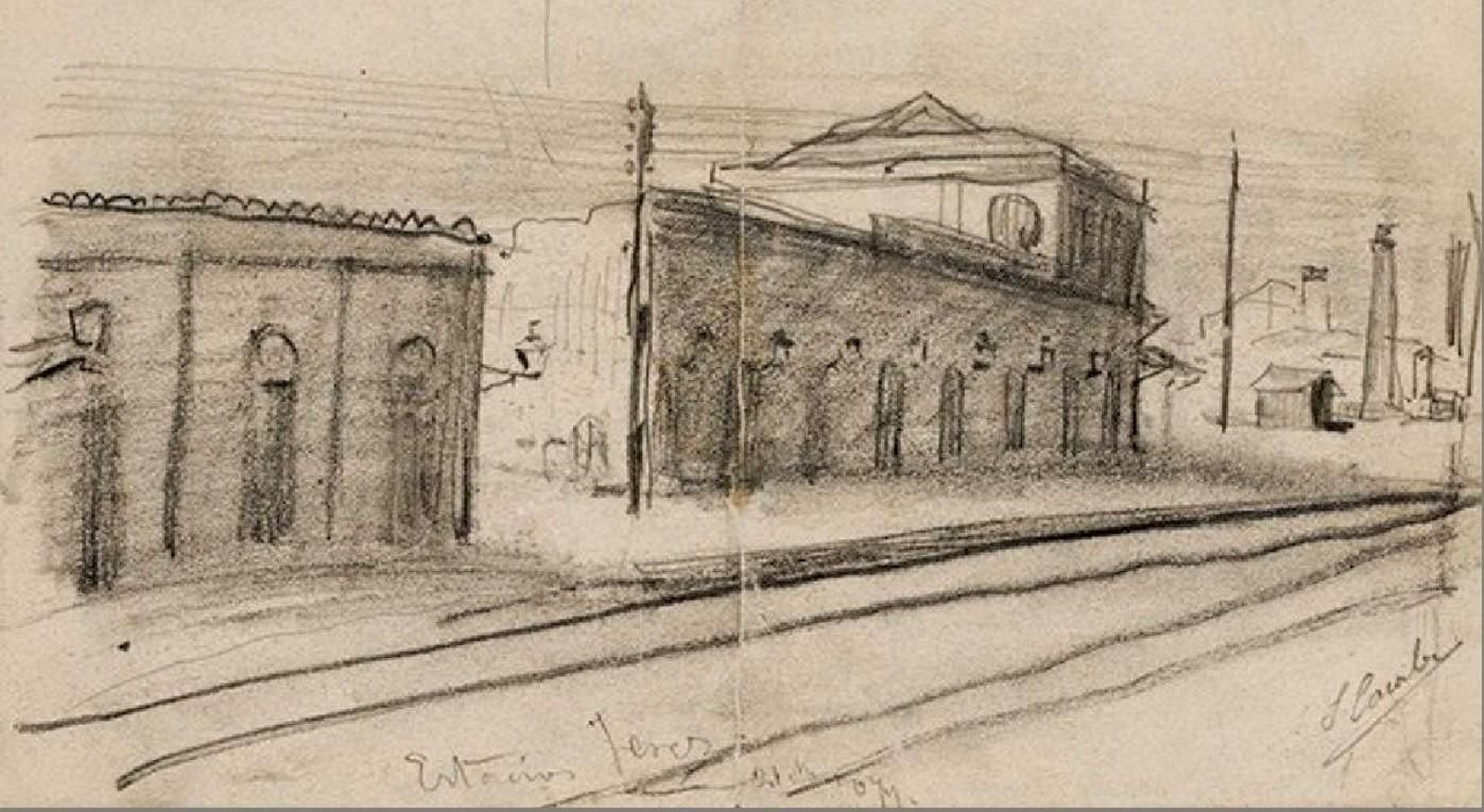 Estación de ferrocarril de Jerez, boceto de Juan Comba, circa 1874. Estación de ferrocarril de Jerez, boceto de Juan Comba, circa 1874.