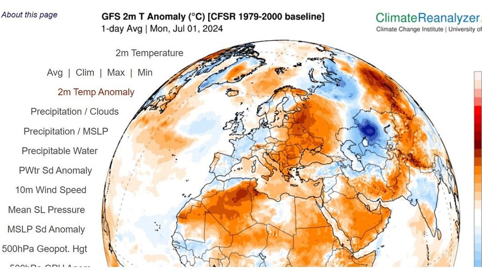 Mapa de anomalías térmicas en el hemisferio norte durante el día de hoy.