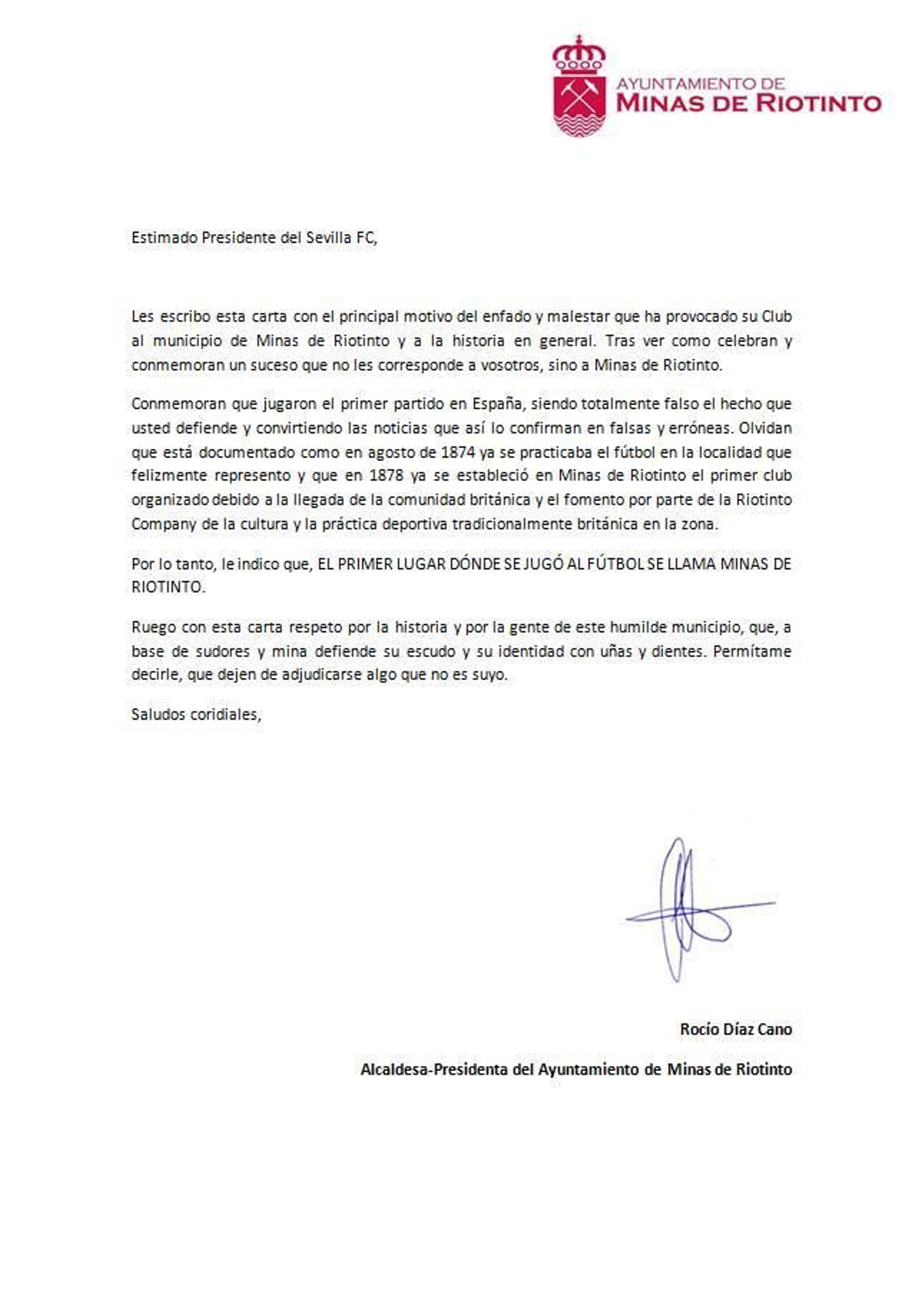 Carta de la alcaldesa de Minas de Riotinto al presidente del Sevilla, José Castro.