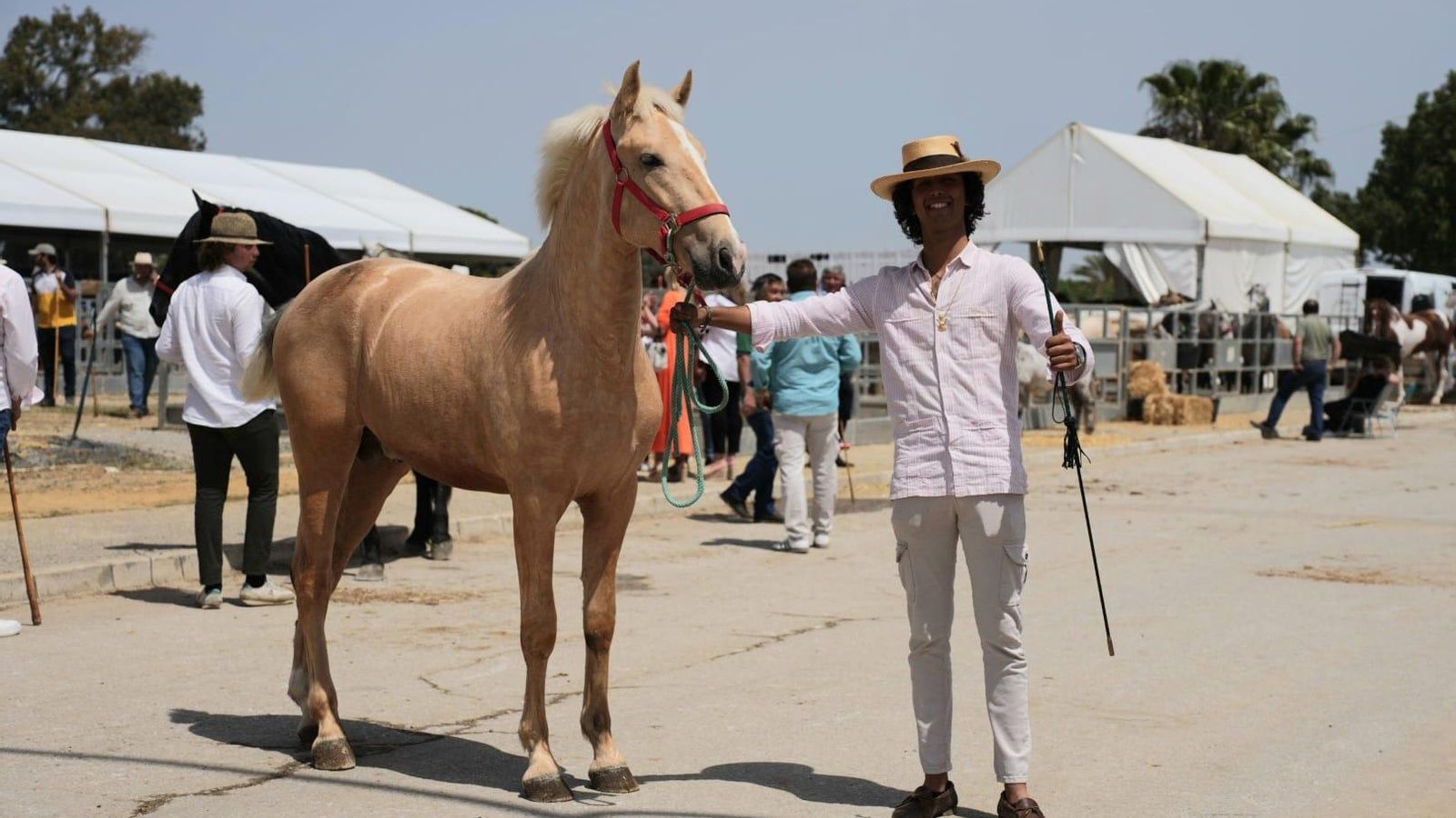 Un ganadero mostrando un caballo.