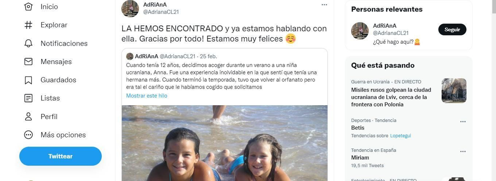 El tuit con el Adriana anuncia que ha encontrado a su 'hermana' ucraniana de acogida, Anna.