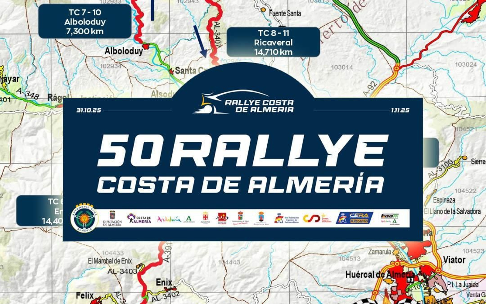 Cartel del 50 Rallye Costa de Almería sobre el mapa con el que contará la prueba.