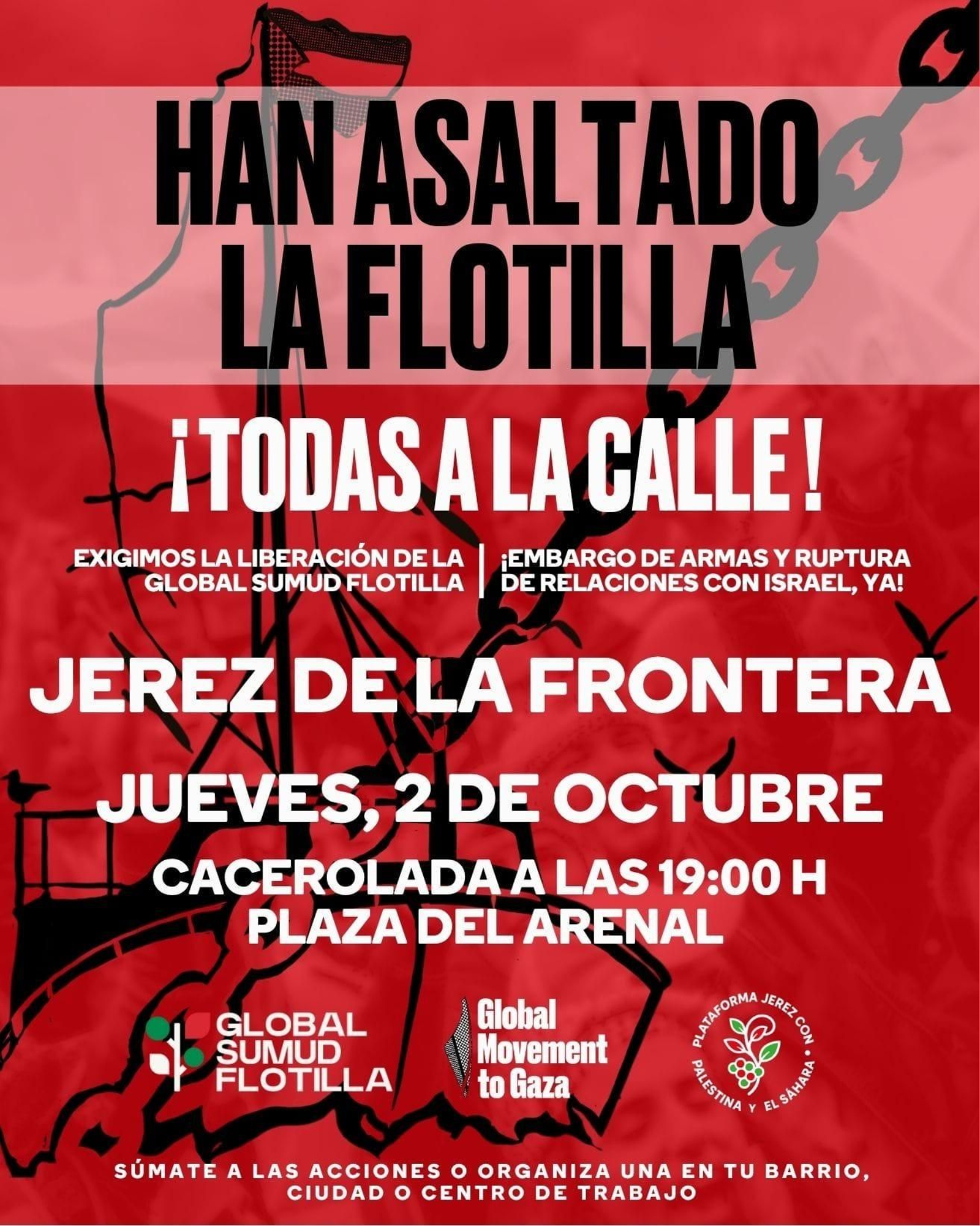 Cartel con la cacerolada convocada en Jerez por el asalto a los barcos de la Global Sumud Flotilla que se dirigen a Gaza