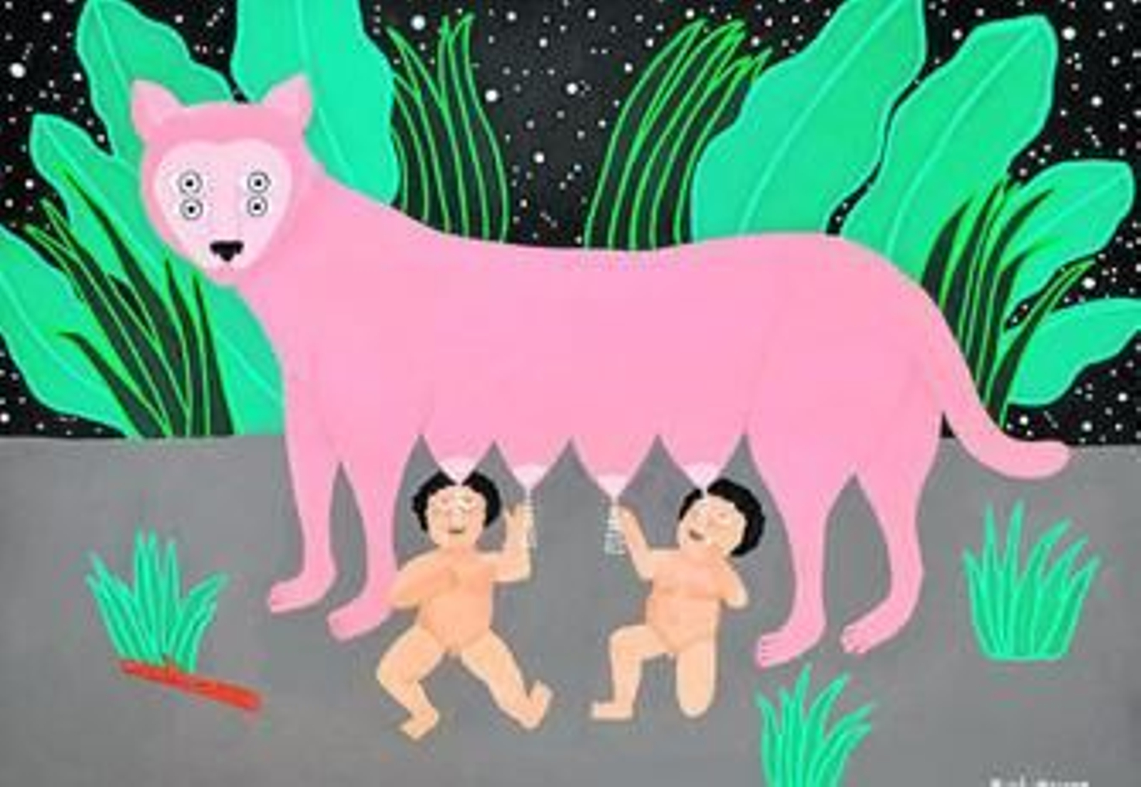 La artista jerezana enmarca en una de sus obras las figuras de los fundadores de Roma, Rómulo y Remo.