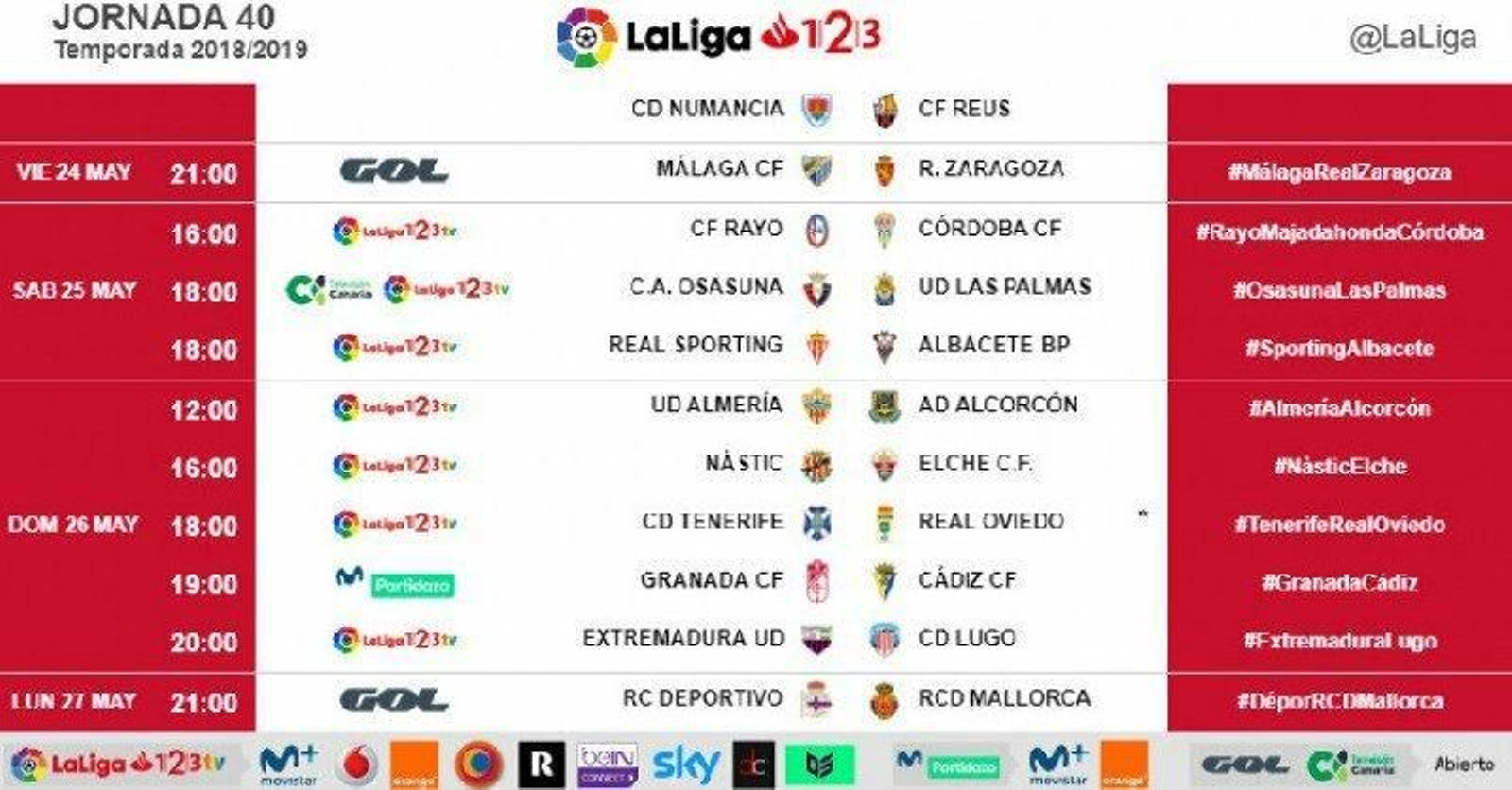 Horarios de la jornada 40 de Segunda División.