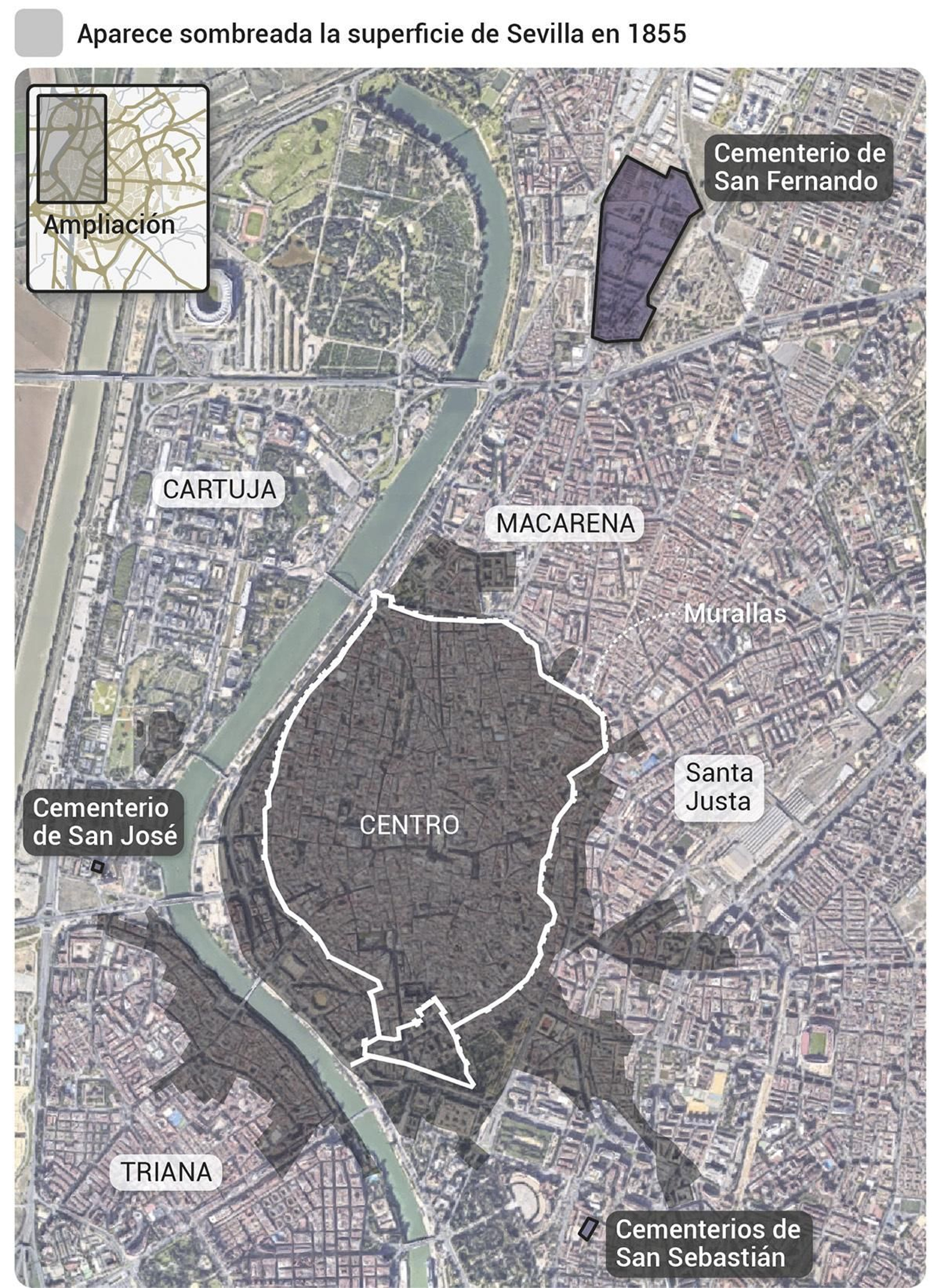 Mapa de ubicación de los cementerios de Sevilla en la primera mitad del siglo XIX. Fuente: elaboración propia y Ayuntamiento de Sevilla.