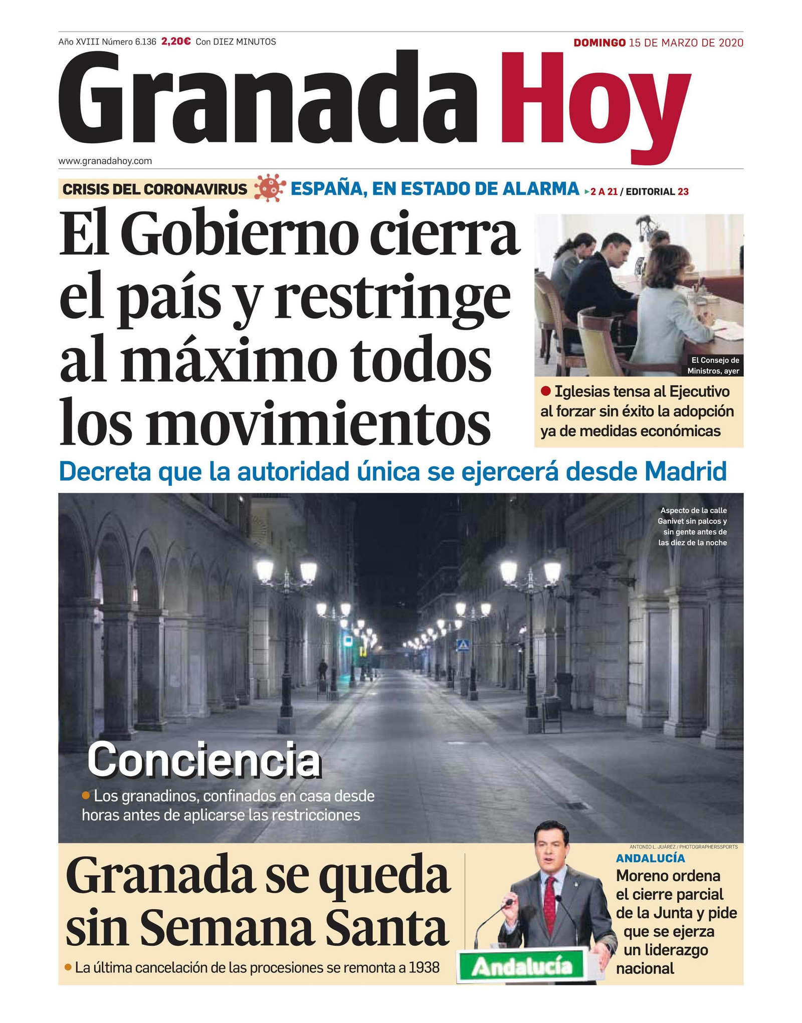 Portada del diario Granada Hoy del domingo 15 de marzo de 2020