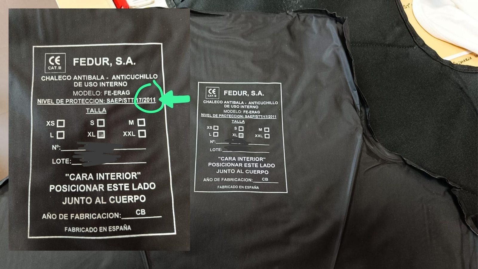Chalecos antibalas para la Policía Nacional en La Línea. La fecha de fabricación es 2011 y tienen una garantía de diez años, por lo que caducaron en 2021.