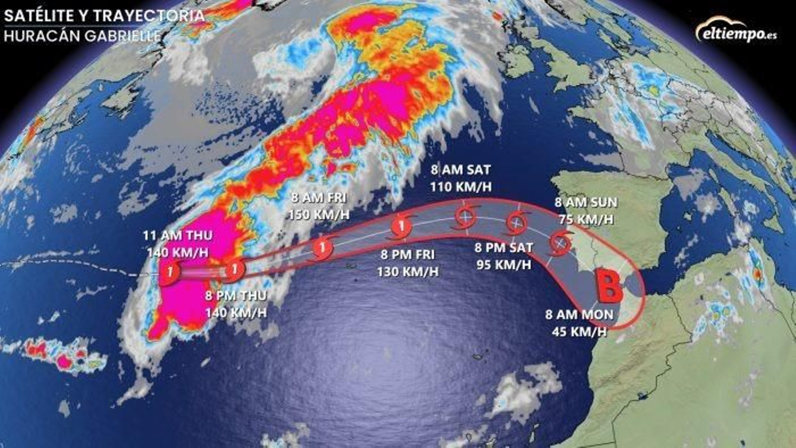 Trayectoria prevista del huracán Gabrielle según el NHC.