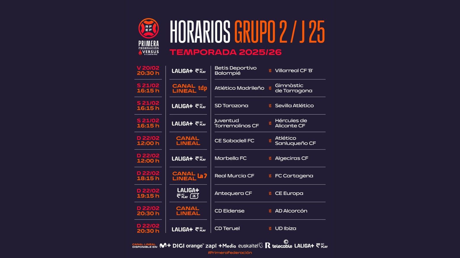 Los horarios de la 25ª jornada liguera del grupo II de la Primera Federación.
