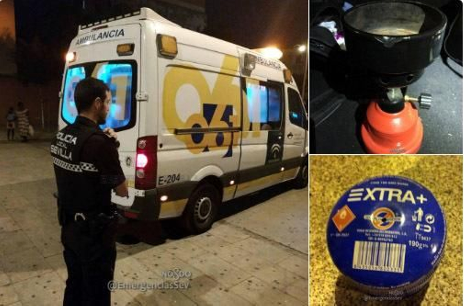 La ambulancia que atendió al herido, y los elementos hallados en el lugar de la deflagración