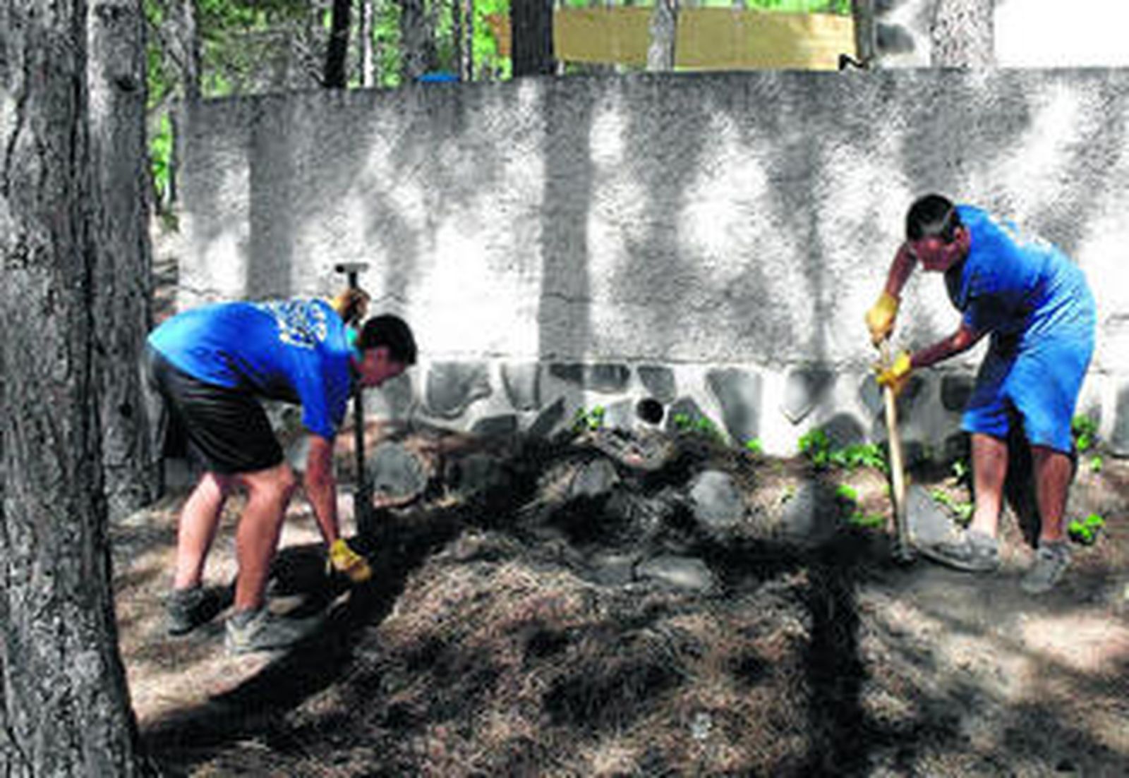 Dos de los jóvenes scout realizan tareas de plantación en la zona de acampada.