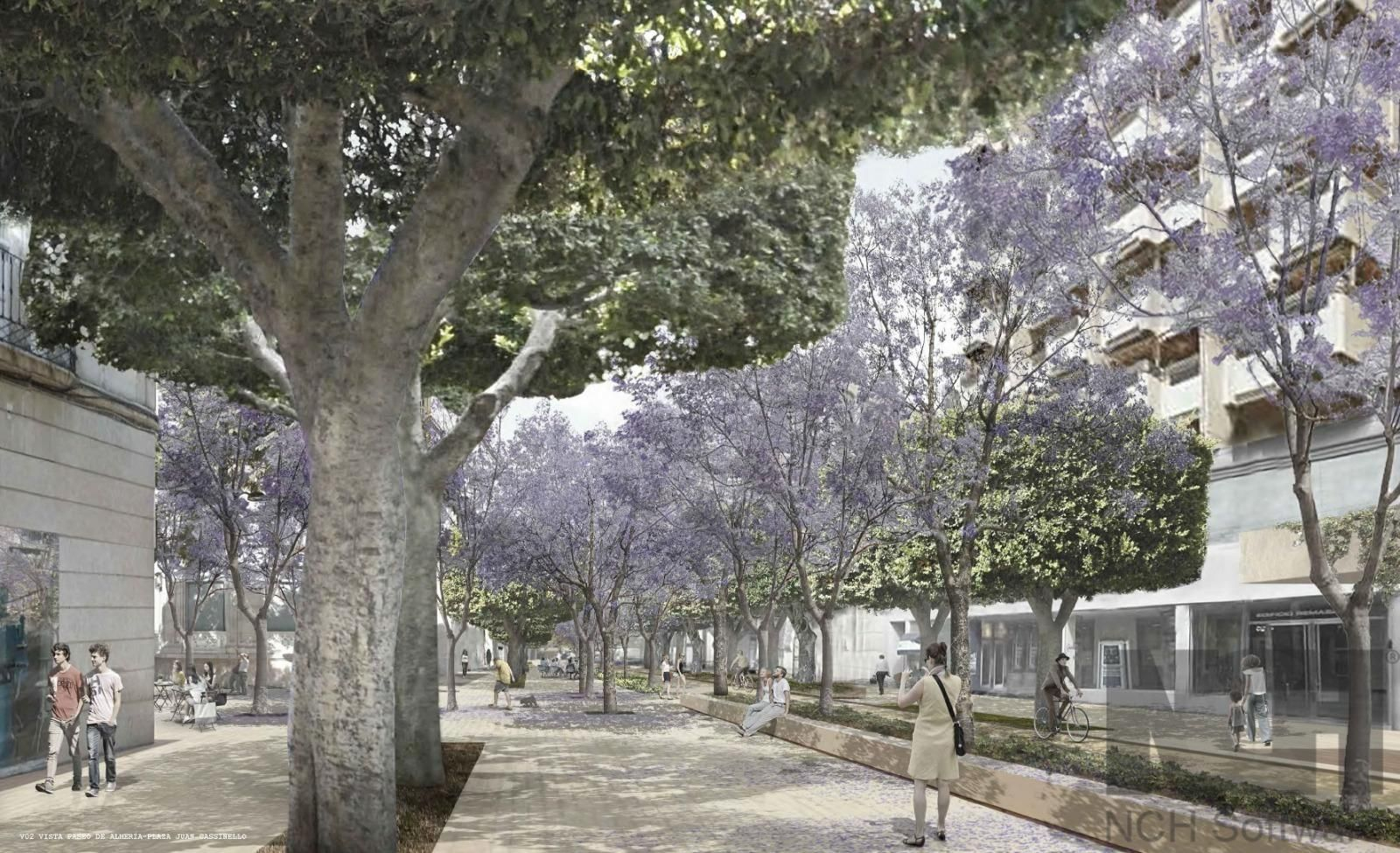 Idea ganadora del concurso para la peatonalización del Paseo de Almería, con tres hileras de arbolado sobre una plataforma única.