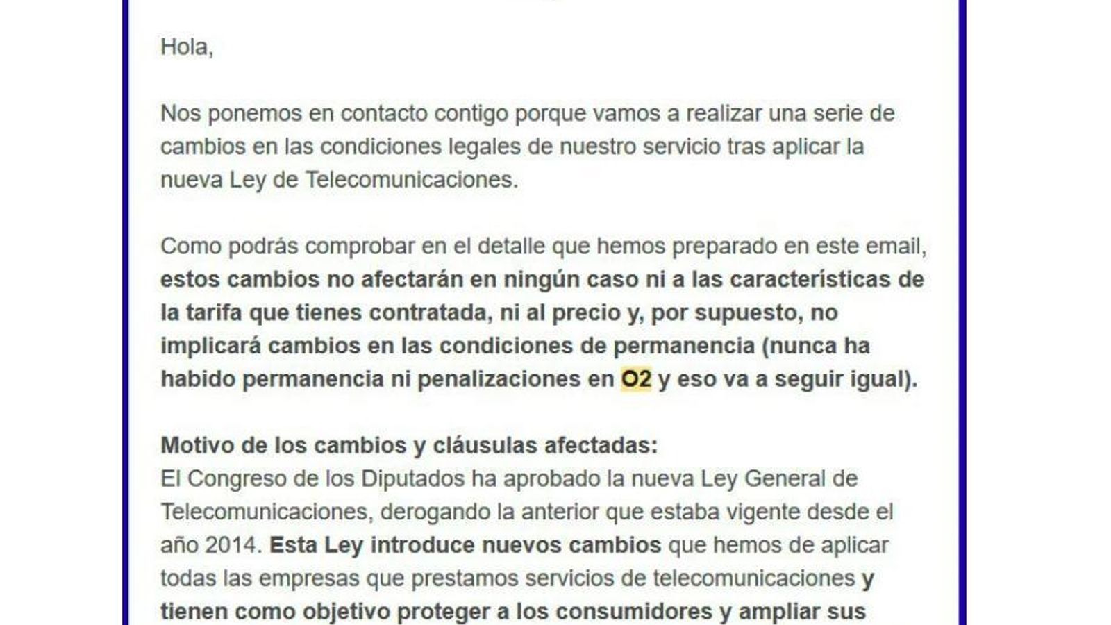 Notificación de O2 acerca de la nueva ley