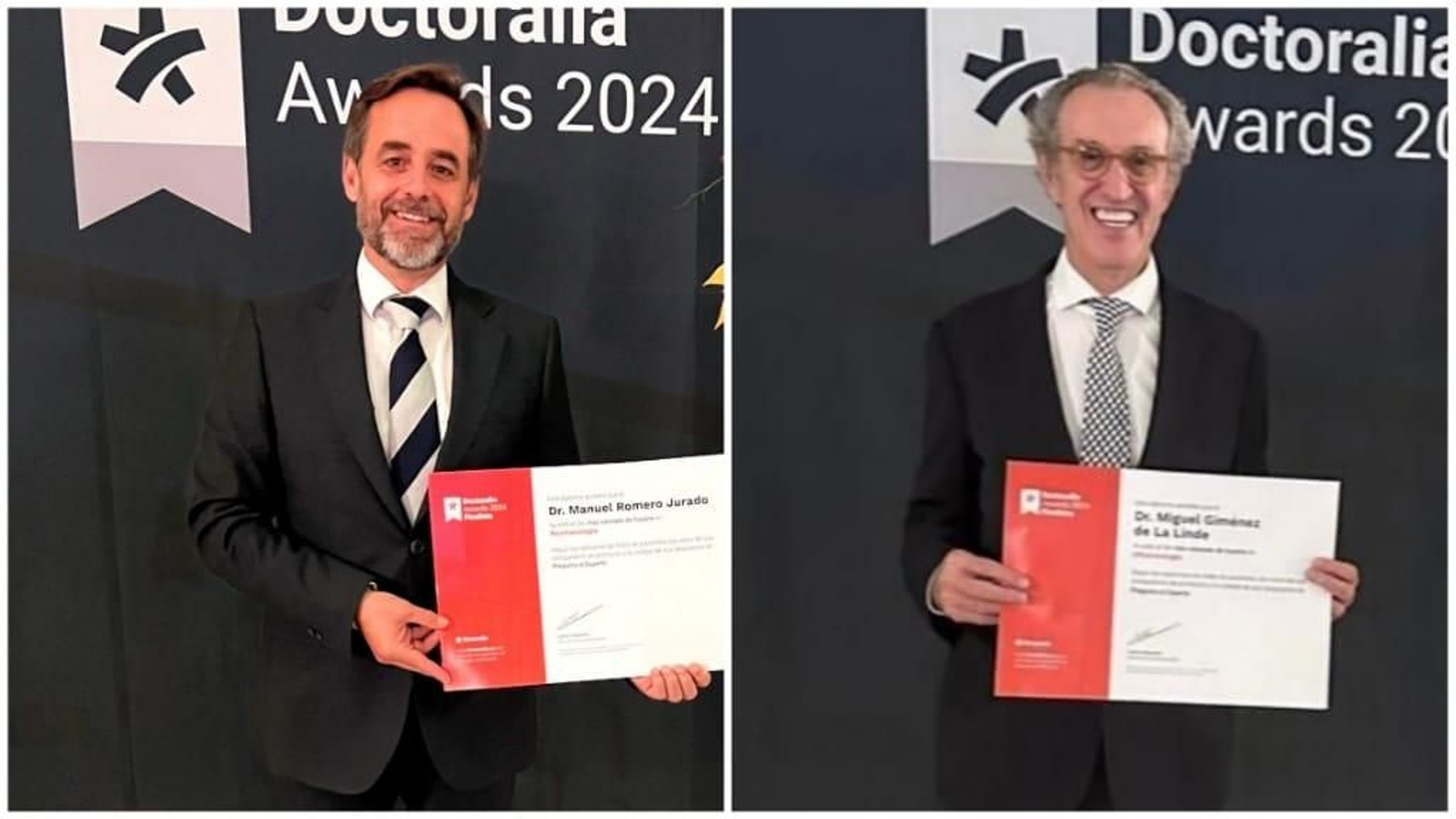Manuel Jurado y Miguel Giménez de la Linde, recogiendo su reconocimiento en los Doctoralia Awards en 2024.