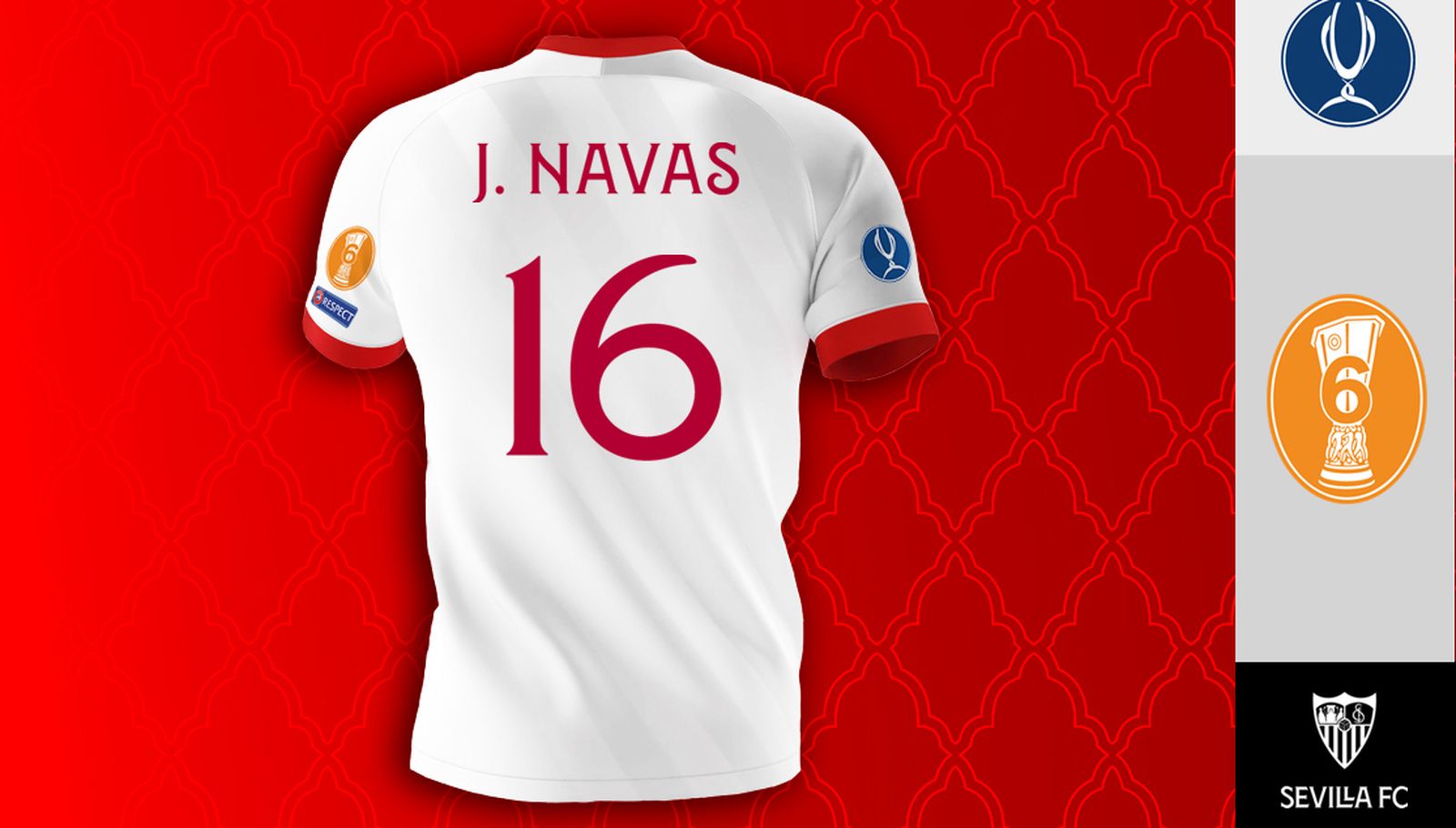 Camiseta del Sevilla en la Supercopa, con sendos parches del palmarés en las mangas.
