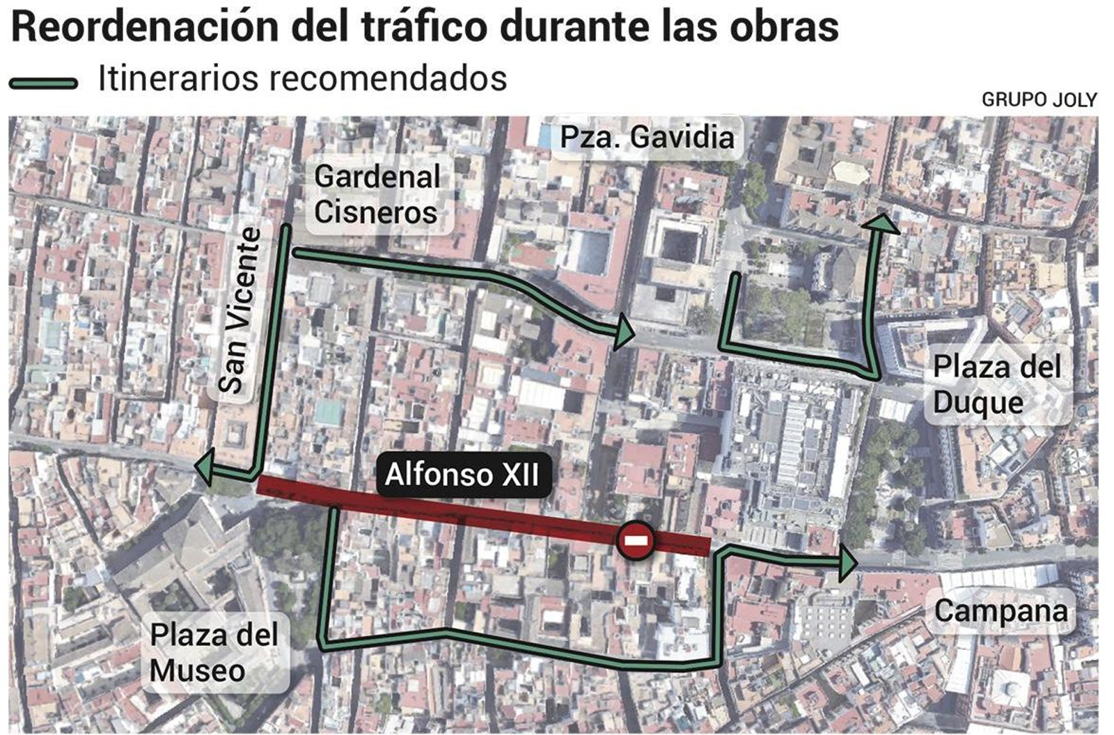 Mapa con la reordenación del tráfico durante las obras en la calle Alfonso XII. Fuente: Ayuntamiento de Sevilla.