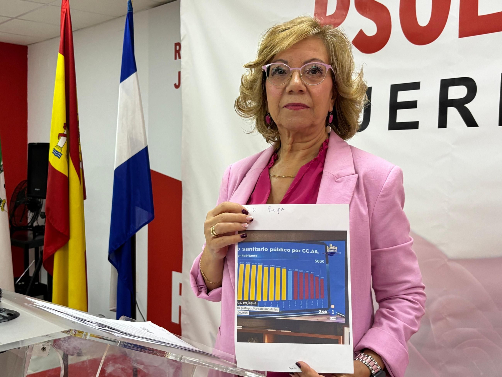 Carmen Collado, en la rueda de prensa de este martes en la sede del PSOE de Jerez.
