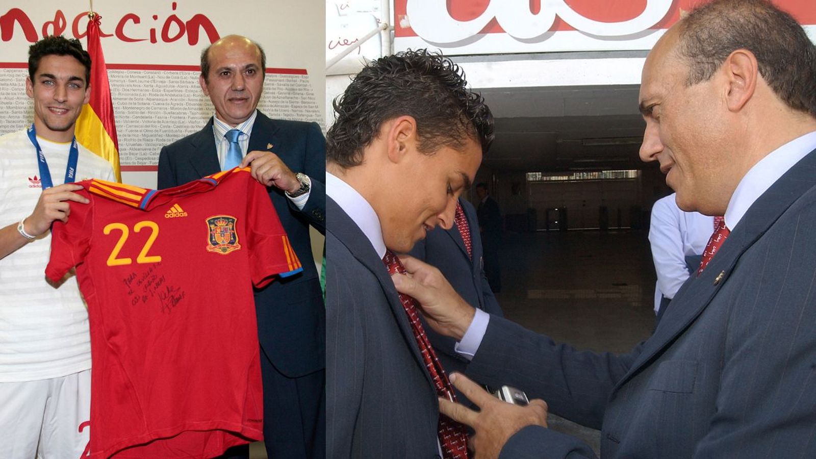 A la izquierda, Jesús Navas posa junto a Del Nido Benavente con la camiseta del Mundial de 2010; a la derecha, el expresidente le ajusta la corbata al palaciego antes de la foto oficial del año 2005 en el Sánchez-Pizjuán.