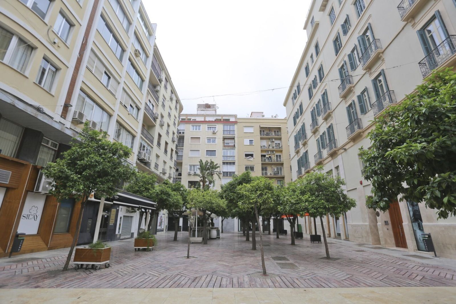 Establecimientos cerrados en la Plaza de las Flores en Málaga.