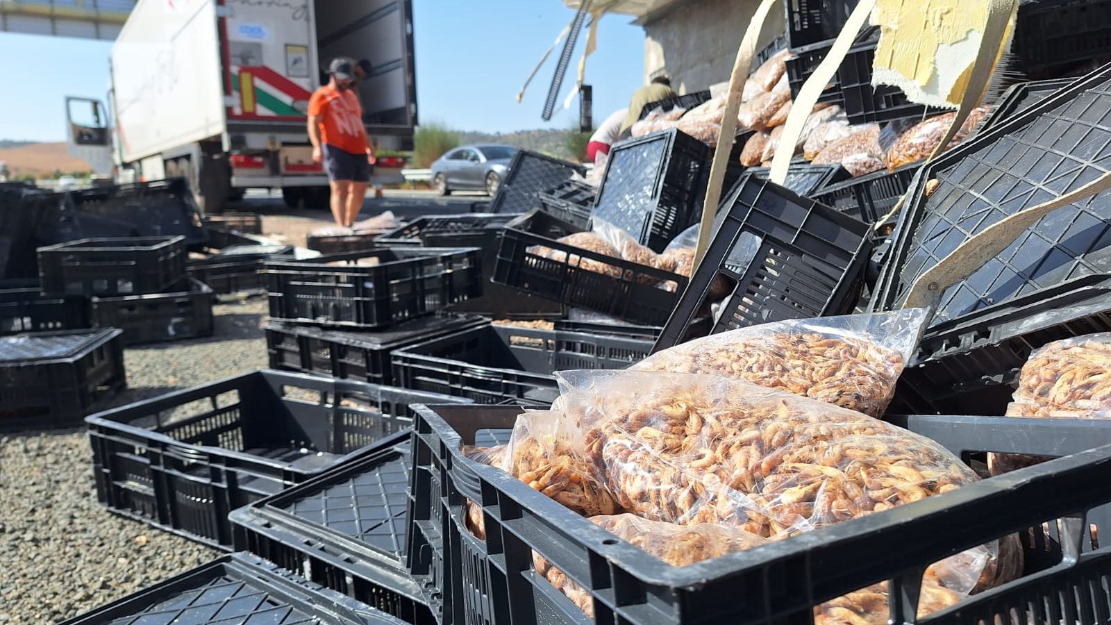 Mercancía del camión volcado en el arcén de la A-381